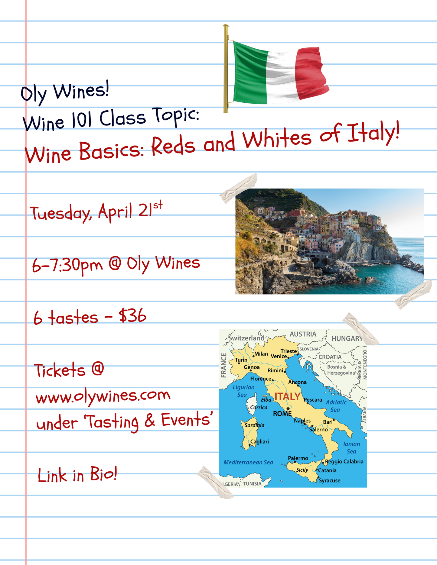 Wine 101: Wine Basics and the Reds & Whites of Italy